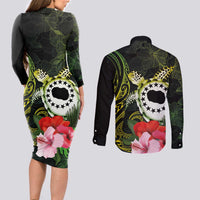 Kia Orana Cook Islands Couples Matching Long Sleeve Bodycon Dress and Long Sleeve Button Shirt Turtle and Hibiscus Polynesian Pattern