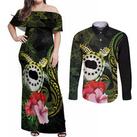 Kia Orana Cook Islands Couples Matching Off Shoulder Maxi Dress and Long Sleeve Button Shirt Turtle and Hibiscus Polynesian Pattern