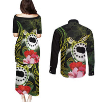 Kia Orana Cook Islands Couples Matching Puletasi and Long Sleeve Button Shirt Turtle and Hibiscus Polynesian Pattern