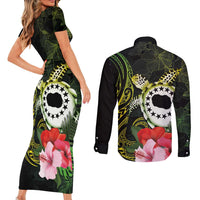 Kia Orana Cook Islands Couples Matching Short Sleeve Bodycon Dress and Long Sleeve Button Shirt Turtle and Hibiscus Polynesian Pattern
