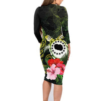Kia Orana Cook Islands Family Matching Long Sleeve Bodycon Dress and Hawaiian Shirt Turtle and Hibiscus Polynesian Pattern