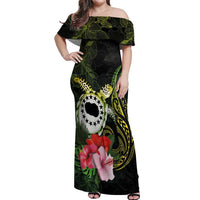 Kia Orana Cook Islands Off Shoulder Maxi Dress Turtle and Hibiscus Polynesian Pattern