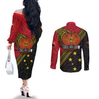 Papua New Guinea Goroka Show Couples Matching Off The Shoulder Long Sleeve Dress and Long Sleeve Button Shirt Bird-of-paradise and Melanesian Tattoo Pattern LT03 - Polynesian Pride