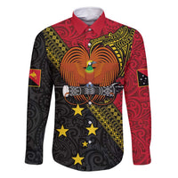 Papua New Guinea Goroka Show Family Matching Mermaid Dress and Hawaiian Shirt Bird-of-paradise and Melanesian Tattoo Pattern LT03 Dad's Shirt - Long Sleeve Red - Polynesian Pride
