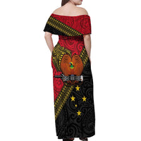 Papua new Guinea Goroka Show Off Shoulder Maxi Dress Bird-of-paradise and Melanesian Tattoo Pattern