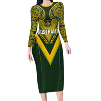 Australia Rugby Custom Family Matching Long Sleeve Bodycon Dress and Hawaiian Shirt Aboriginal Art Sporty Style - Polynesian Pride