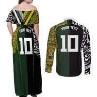 Aotearoa Australia Rugby Custom Couples Matching Off Shoulder Maxi Dress and Long Sleeve Button Shirt Maori and Aboriginal Art Sporty Style - Polynesian Pride