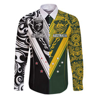 Aotearoa Australia Rugby Custom Family Matching Off The Shoulder Long Sleeve Dress and Hawaiian Shirt Maori and Aboriginal Art Sporty Style LT03 Dad's Shirt - Long Sleeve Green - Polynesian Pride