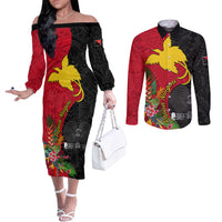 Papua New Guinea Couples Matching Off The Shoulder Long Sleeve Dress and Long Sleeve Button Shirts Birds Of Paradise Mix Tropical Flower Polynesian Pattern LT03 Red - Polynesian Pride
