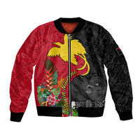 Papua New Guinea Sleeve Zip Bomber Jacket Birds Of Paradise Mix Tropical Flower Polynesian Pattern LT03 Unisex Red - Polynesian Pride