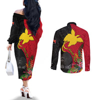 Custom Papua New Guinea Couples Matching Off The Shoulder Long Sleeve Dress and Long Sleeve Button Shirts Birds Of Paradise Mix Tropical Flower Polynesian Pattern LT03 - Polynesian Pride