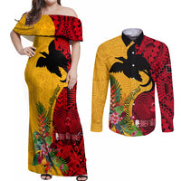 Papua New Guinea Couples Matching Off Shoulder Maxi Dress and Long Sleeve Button Shirts Birds Of Paradise Mix Tropical Flower Polynesian Pattern LT03 Yellow - Polynesian Pride