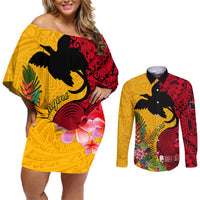 Papua New Guinea Couples Matching Off Shoulder Short Dress and Long Sleeve Button Shirts Birds Of Paradise Mix Tropical Flower Polynesian Pattern LT03 Yellow - Polynesian Pride
