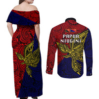 Papua New Guinea Central Province Couples Matching Off Shoulder Maxi Dress and Long Sleeve Button Shirts PNG Birds Of Paradise Polynesian Arty Style LT03 - Polynesian Pride