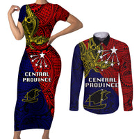 Papua New Guinea Central Province Couples Matching Short Sleeve Bodycon Dress and Long Sleeve Button Shirts PNG Birds Of Paradise Polynesian Arty Style LT03 Red - Polynesian Pride