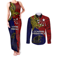 Papua New Guinea Central Province Couples Matching Tank Maxi Dress and Long Sleeve Button Shirts PNG Birds Of Paradise Polynesian Arty Style LT03 Red - Polynesian Pride