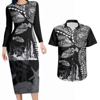 Hawaiian Reef Triggerfish Couples Matching Long Sleeve Bodycon Dress and Hawaiian Shirt Polynesian Art with Tribal Humuhumunukunukuapua'a LT03 Black - Polynesian Pride