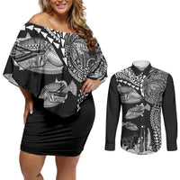 Hawaiian Reef Triggerfish Couples Matching Off Shoulder Short Dress and Long Sleeve Button Shirt Polynesian Art with Tribal Humuhumunukunukuapua'a LT03 Black - Polynesian Pride