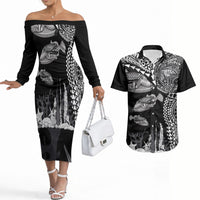 Hawaiian Reef Triggerfish Couples Matching Off The Shoulder Long Sleeve Dress and Hawaiian Shirt Polynesian Art with Tribal Humuhumunukunukuapua'a LT03 Black - Polynesian Pride