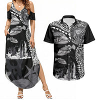 Hawaiian Reef Triggerfish Couples Matching Summer Maxi Dress and Hawaiian Shirt Polynesian Art with Tribal Humuhumunukunukuapua'a LT03 Black - Polynesian Pride