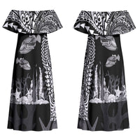 Hawaiian Reef Triggerfish Family Matching Off Shoulder Maxi Dress and Hawaiian Shirt Polynesian Art with Tribal Humuhumunukunukuapua'a LT03 Mom's Dress Black - Polynesian Pride