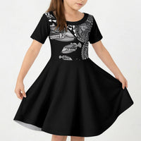 Hawaiian Reef Triggerfish Kid Short Sleeve Dress Polynesian Art with Tribal Humuhumunukunukuapua'a LT03 KID Black - Polynesian Pride