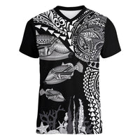 Hawaiian Reef Triggerfish Women V-Neck T-Shirt Polynesian Art with Tribal Humuhumunukunukuapua'a LT03 Female Black - Polynesian Pride
