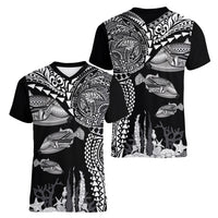 Hawaiian Reef Triggerfish Women V-Neck T-Shirt Polynesian Art with Tribal Humuhumunukunukuapua'a LT03 - Polynesian Pride