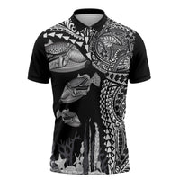 Hawaiian Reef Triggerfish Zipper Polo Shirt Polynesian Art with Tribal Humuhumunukunukuapua'a LT03 Black - Polynesian Pride