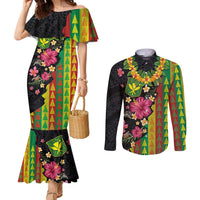 Hawaiian Independence Day Couples Matching Mermaid Dress and Long Sleeve Button Shirt Kanaka Maoli Symbols With Tapa Motifs and Tropical Plants - Polynesian Pride