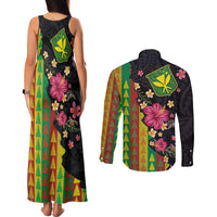 Hawaiian Independence Day Couples Matching Tank Maxi Dress and Long Sleeve Button Shirt Kanaka Maoli Symbols With Tapa Motifs and Tropical Plants - Polynesian Pride