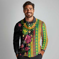Hawaiian Independence Day Long Sleeve Polo Shirt Kanaka Maoli Symbols With Tapa Motifs and Tropical Plants - Polynesian Pride