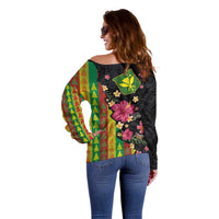 Hawaiian Independence Day Off Shoulder Sweater Kanaka Maoli Symbols With Tapa Motifs and Tropical Plants - Polynesian Pride