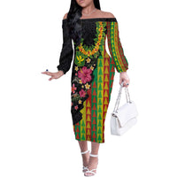 Hawaiian Independence Day Off The Shoulder Long Sleeve Dress Kanaka Maoli Symbols With Tapa Motifs and Tropical Plants - Polynesian Pride