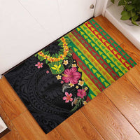 Hawaiian Independence Day Rubber Doormat Kanaka Maoli Symbols With Tapa Motifs and Tropical Plants - Polynesian Pride
