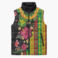 Hawaiian Independence Day Sleeveless Puffer Jacket Kanaka Maoli Symbols With Tapa Motifs and Tropical Plants - Polynesian Pride