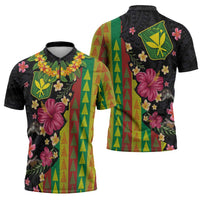 Hawaiian Independence Day Zipper Polo Shirt Kanaka Maoli Symbols With Tapa Motifs and Tropical Plants - Polynesian Pride
