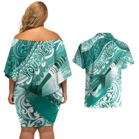 Personalised New Zealand Aotearoa Darts Masters Couples Matching Off Shoulder Short Dress and Hawaiian Shirt Maori Art Tattoo with Tribal Dart Symbol Teal Color LT03 - Polynesian Pride