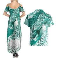 Personalised New Zealand Aotearoa Darts Masters Couples Matching Summer Maxi Dress and Hawaiian Shirt Maori Art Tattoo with Tribal Dart Symbol Teal Color - Polynesian Pride