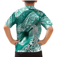 Personalised New Zealand Aotearoa Darts Masters Family Matching Mermaid Dress and Hawaiian Shirt Maori Art Tattoo with Tribal Dart Symbol Teal Color - Polynesian Pride