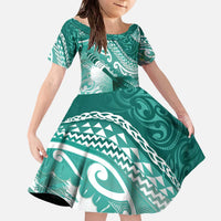 Personalised New Zealand Aotearoa Darts Masters Family Matching Off The Shoulder Long Sleeve Dress and Hawaiian Shirt Maori Art Tattoo with Tribal Dart Symbol Teal Color LT03 Daughter's Dress Teal - Polynesian Pride