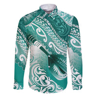 Personalised New Zealand Aotearoa Darts Masters Family Matching Off Shoulder Short Dress and Hawaiian Shirt Maori Art Tattoo with Tribal Dart Symbol Teal Color LT03 Dad's Shirt - Long Sleeve Teal - Polynesian Pride
