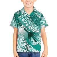 Personalised New Zealand Aotearoa Darts Masters Family Matching Summer Maxi Dress and Hawaiian Shirt Maori Art Tattoo with Tribal Dart Symbol Teal Color LT03 Son's Shirt Teal - Polynesian Pride