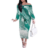 Personalised New Zealand Aotearoa Darts Masters Off The Shoulder Long Sleeve Dress Maori Art Tattoo with Tribal Dart Symbol Teal Color - Polynesian Pride
