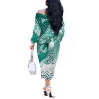 Personalised New Zealand Aotearoa Darts Masters Off The Shoulder Long Sleeve Dress Maori Art Tattoo with Tribal Dart Symbol Teal Color - Polynesian Pride