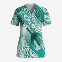 Personalised New Zealand Aotearoa Darts Masters Scrub Top Maori Art Tattoo with Tribal Dart Symbol Teal Color - Polynesian Pride