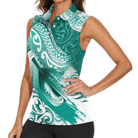 Personalised New Zealand Aotearoa Darts Masters Women Sleeveless Polo Shirt Maori Art Tattoo with Tribal Dart Symbol Teal Color - Polynesian Pride