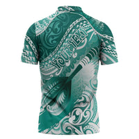 Personalised New Zealand Aotearoa Darts Masters Zipper Polo Shirt Maori Art Tattoo with Tribal Dart Symbol Teal Color - Polynesian Pride