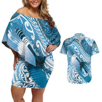Personalised New Zealand Aotearoa Darts Masters Couples Matching Off Shoulder Short Dress and Hawaiian Shirt Maori Art Tattoo with Tribal Dart Symbol Blue - Polynesian Pride