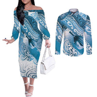 Personalised New Zealand Aotearoa Darts Masters Couples Matching Off The Shoulder Long Sleeve Dress and Long Sleeve Button Shirt Maori Art Tattoo with Tribal Dart Symbol Blue - Polynesian Pride